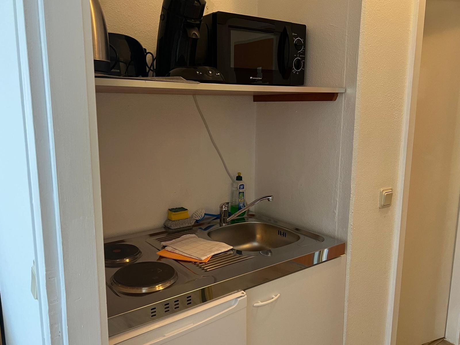 Küchenbereich mit Spüle, Kochfeld, Mikrowelle und Kaffeemaschine.