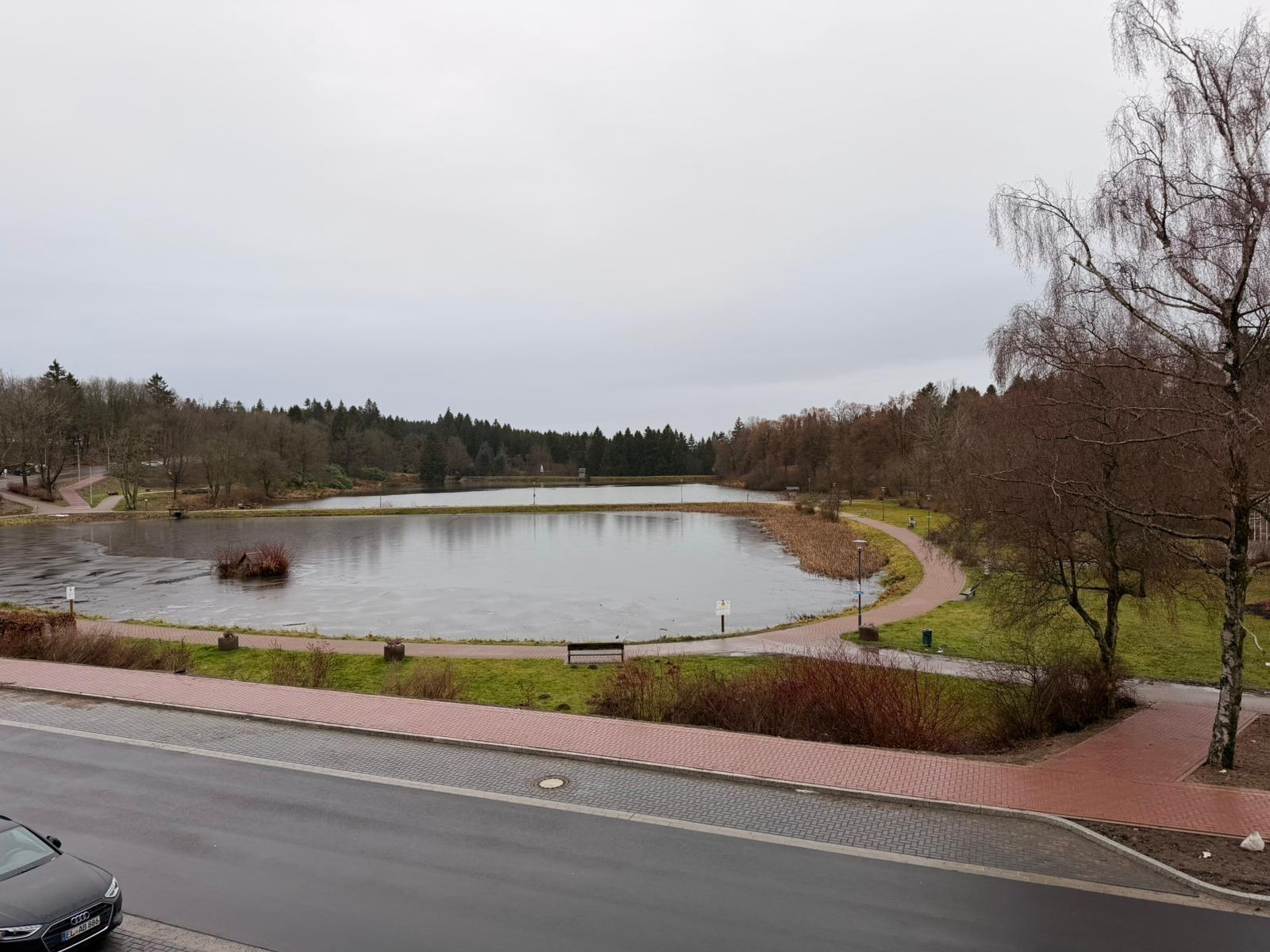 Ein See mit Uferweg und Bäumen im Hintergrund. Ein Auto steht am Straßenrand.