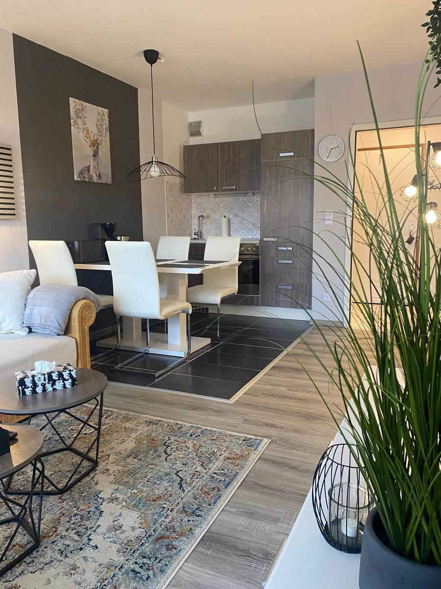 Wohn- und Essbereich mit Küchenzeile und Pflanzen