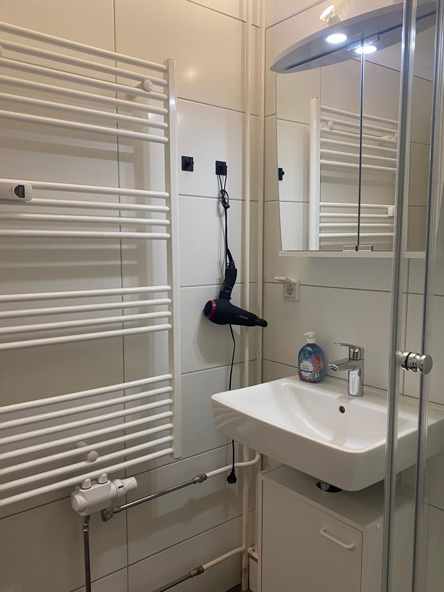 Badezimmer mit Dusche, Waschbecken und Heizkörper. Föhn hängt an der Wand.