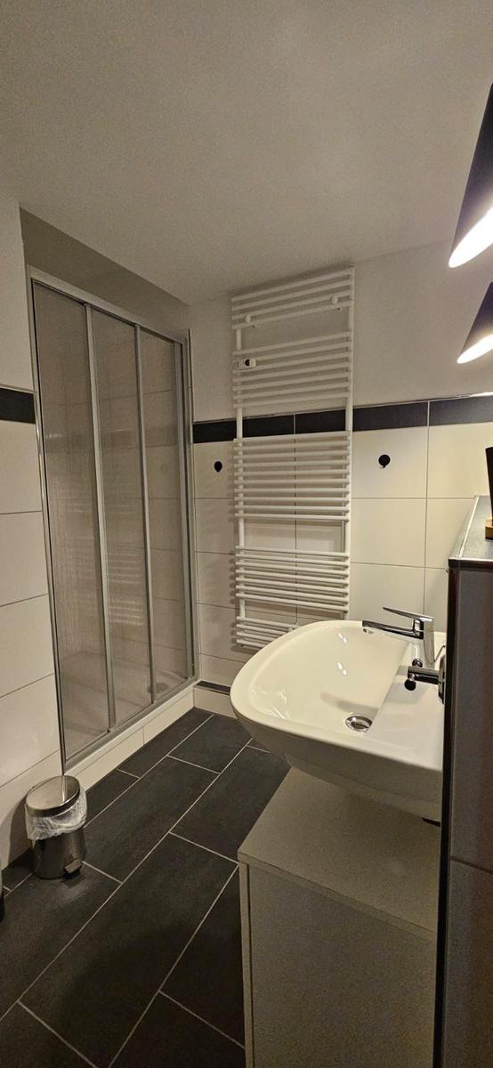 Badezimmer mit Dusche, Waschbecken und Heizkörper.