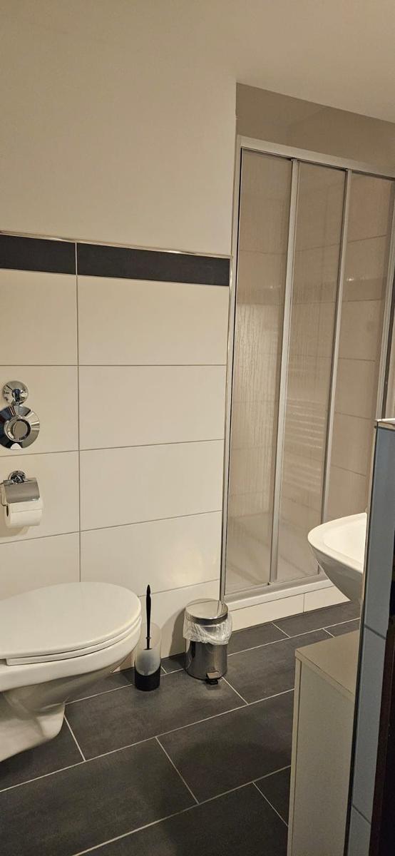 Badezimmer mit Toilette, Dusche und Waschbecken.