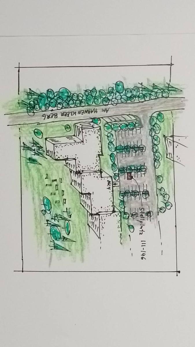 Skizze eines Gebäudes mit umliegenden Bäumen und Parkplätzen.