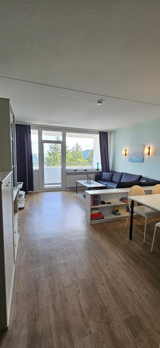 Wohnbereich mit Sofa, Esstisch und Balkon mit Blick auf die Berge.