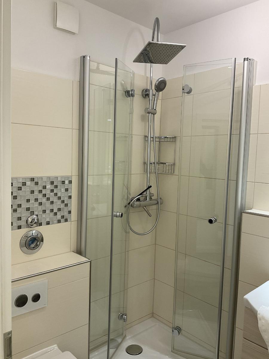 Dusche mit Glaswand, Duschbrause und Handbrause, Wandfliesen und Mosaikverkleidung.