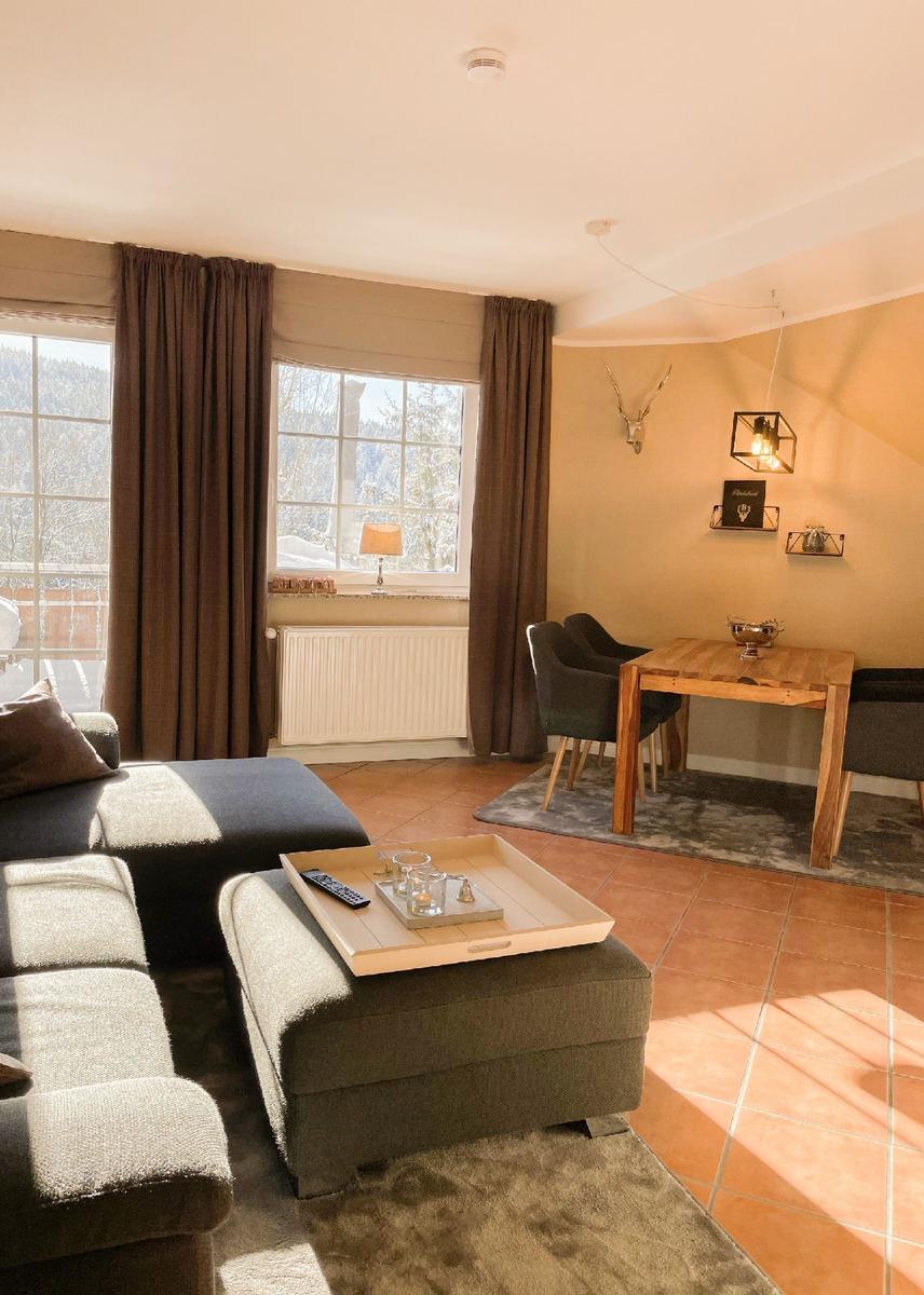Wohn- und Essbereich mit Sofa, Tisch und Blick auf verschneite Berge.
