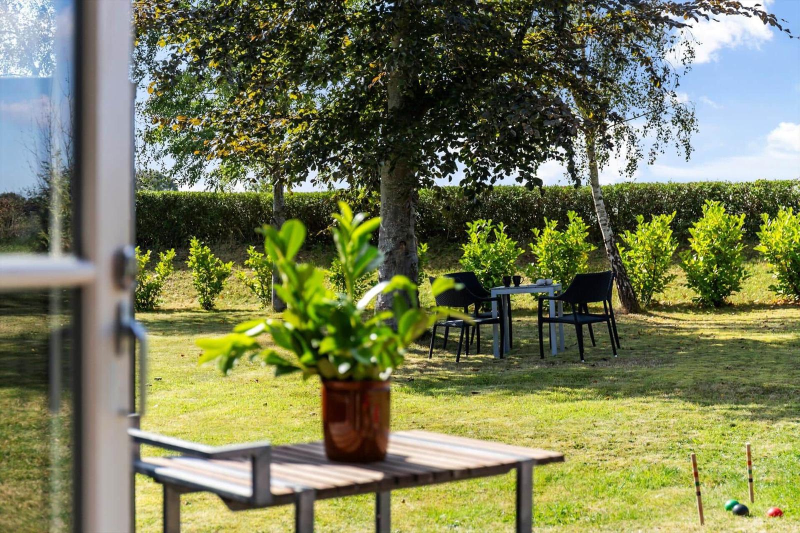 Garden with table, chairs, and croquet balls under trees.