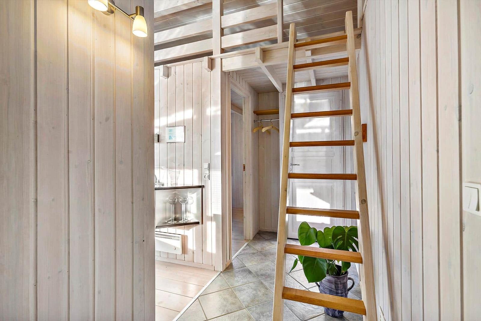Niche with wooden ladder and plant. View into adjacent rooms.