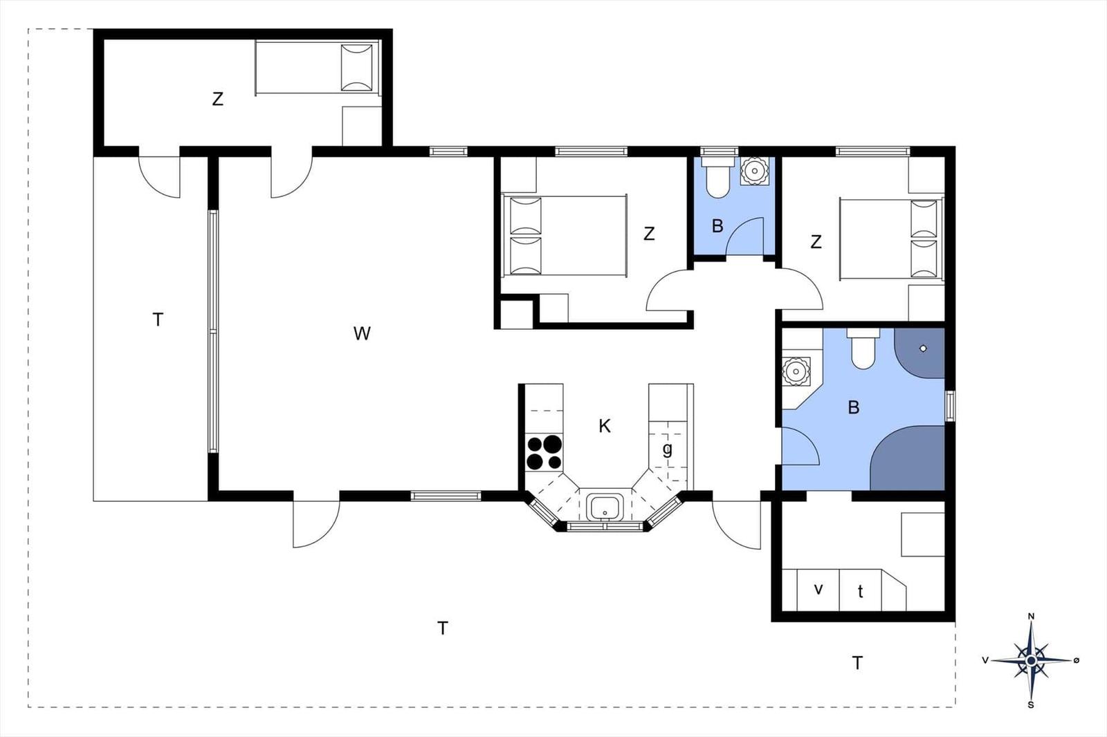 Apartment with kitchen, two bedrooms, bathroom, and living area with window.