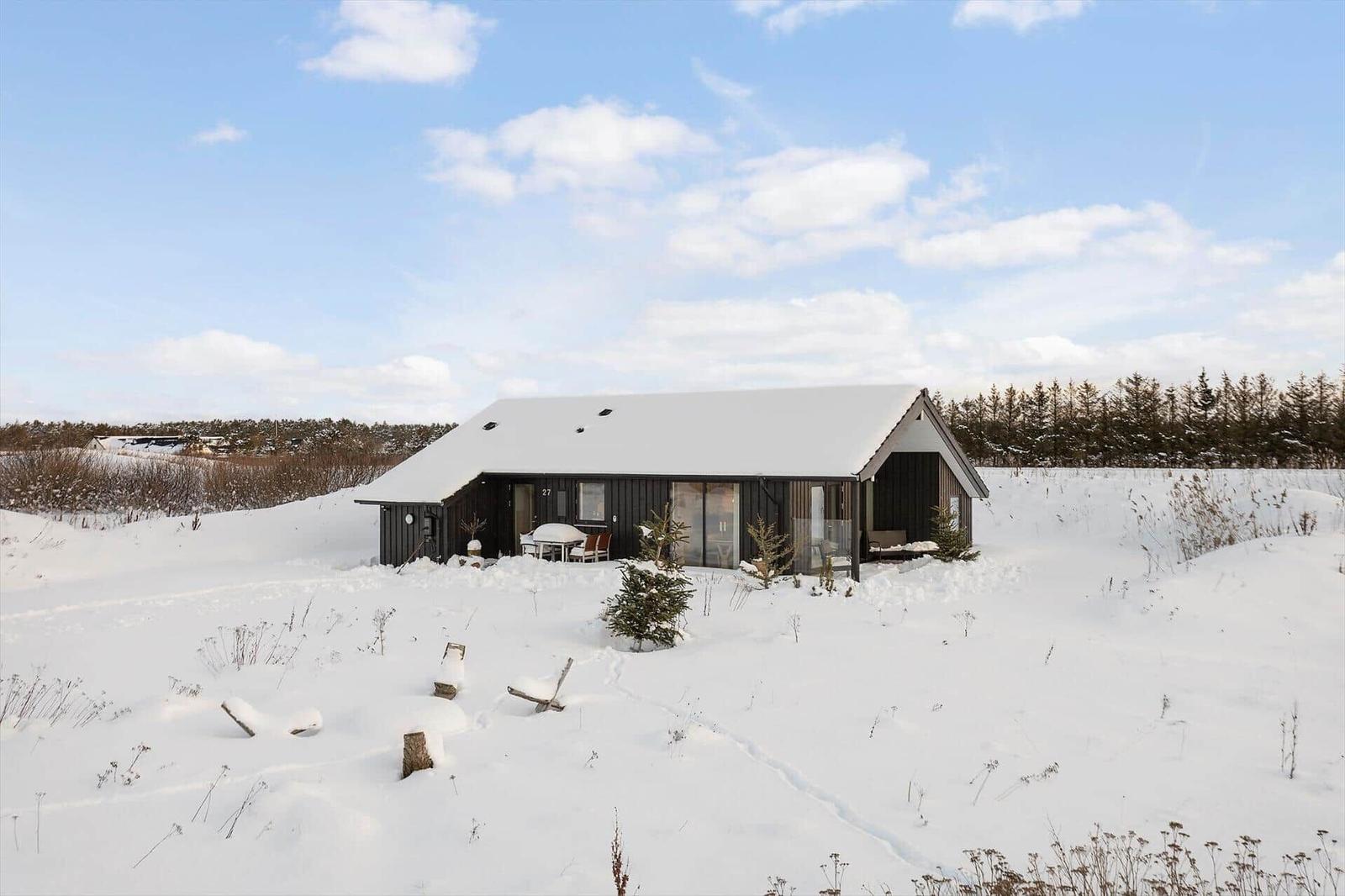 Snow-covered house with terrace and garden. Forest in background.