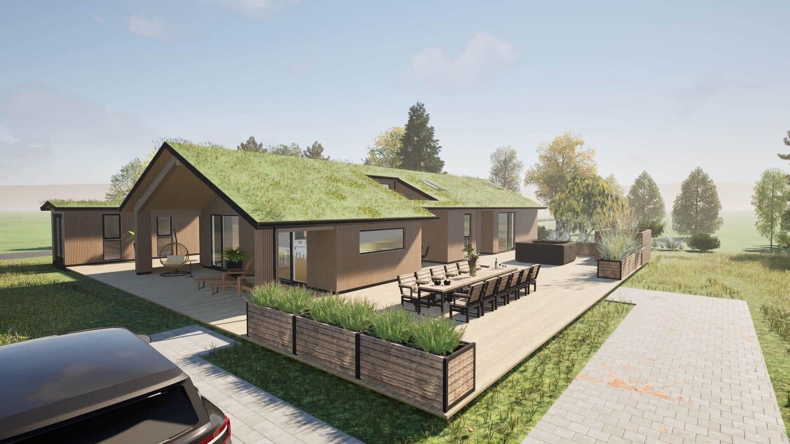 Modern villa with green roof, terrace, and garden area with seating.