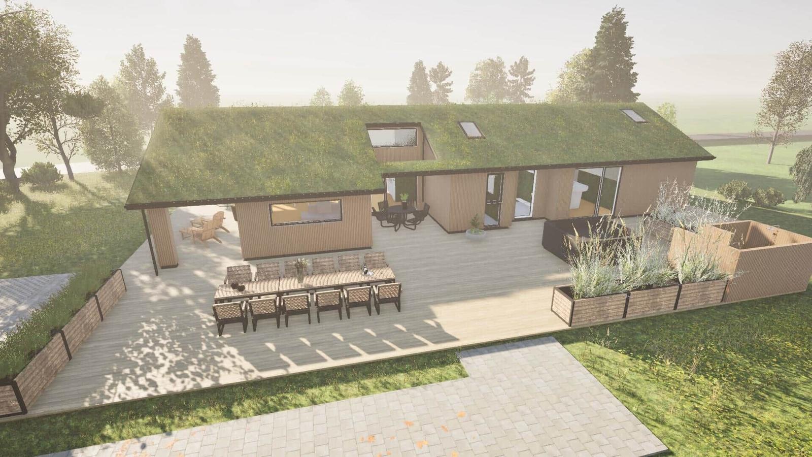 Modern villa with grass roof, large terrace area, and garden.