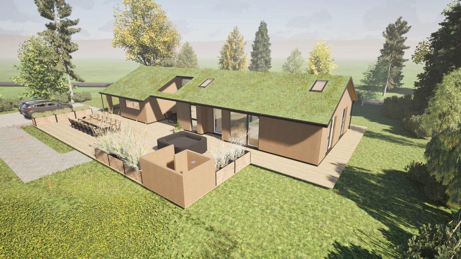 Modern villa with green roof, terrace, and garden. Parking and seating areas.