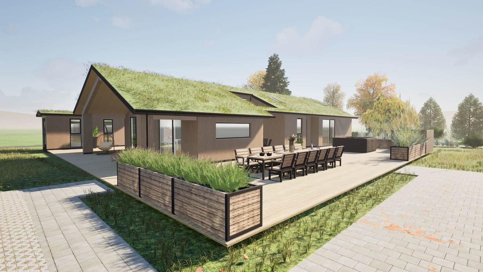Modern house with grass roof, terrace, and garden area with seating.