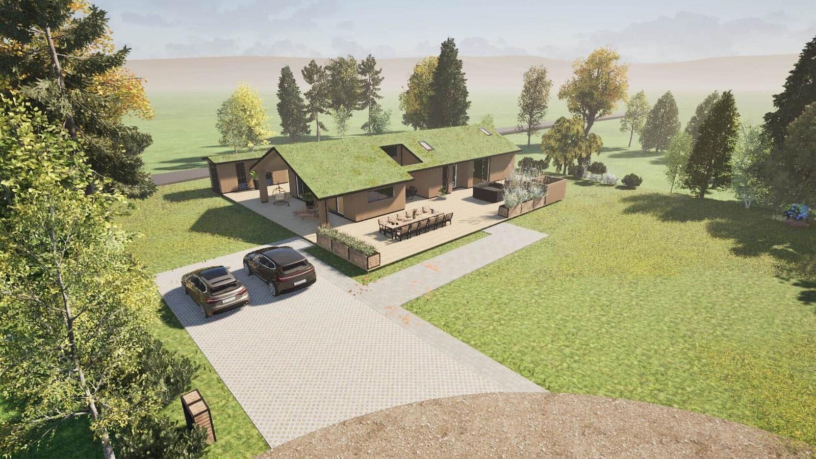 Modern villa with green roof, terrace, and parking in a green setting.