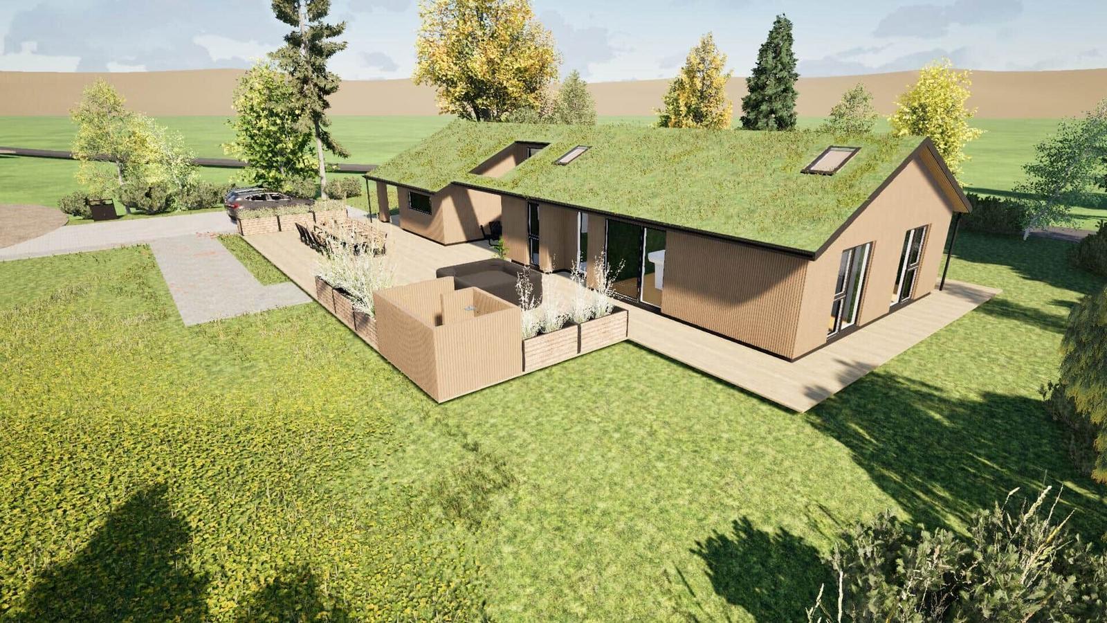 Modern villa with grass roof, terrace, and garden. A car is parked in front of the house.