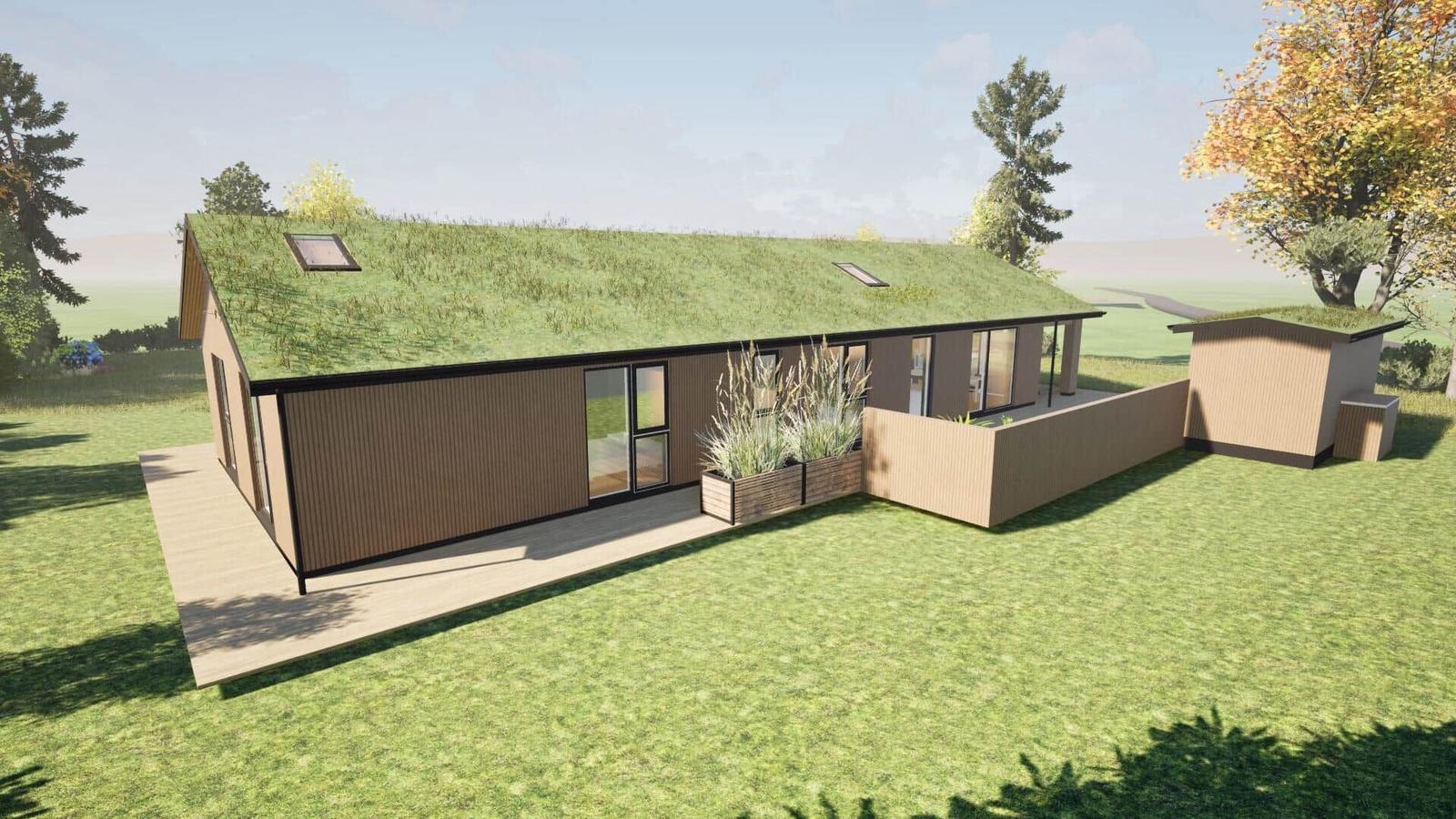 Modern villa with grass roof, large garden and wooden terrace. Attached building with grass roof.