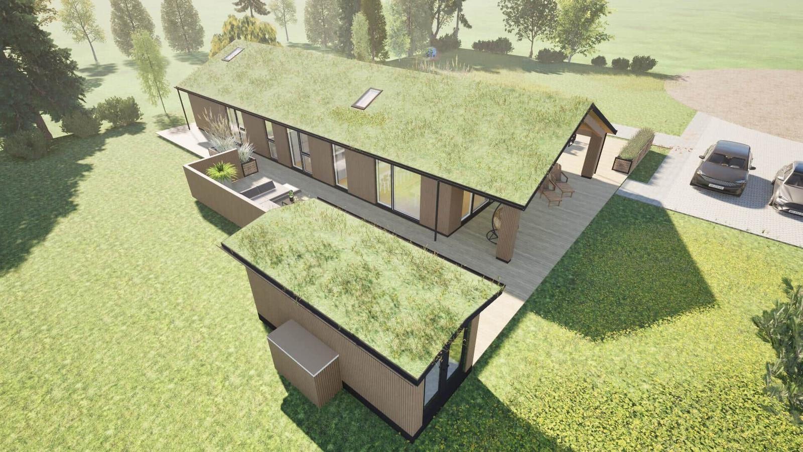 Modern house with green roofs, terrace, and parking in the green.