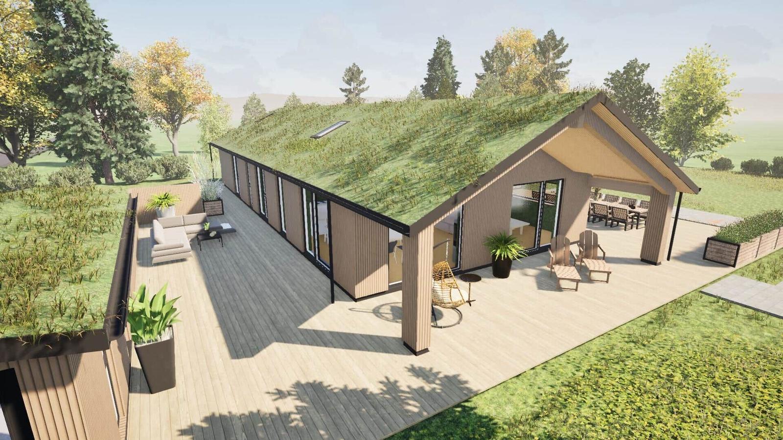 Modern villa with grass roof, terrace, and garden. Outdoor seating and plants are visible.