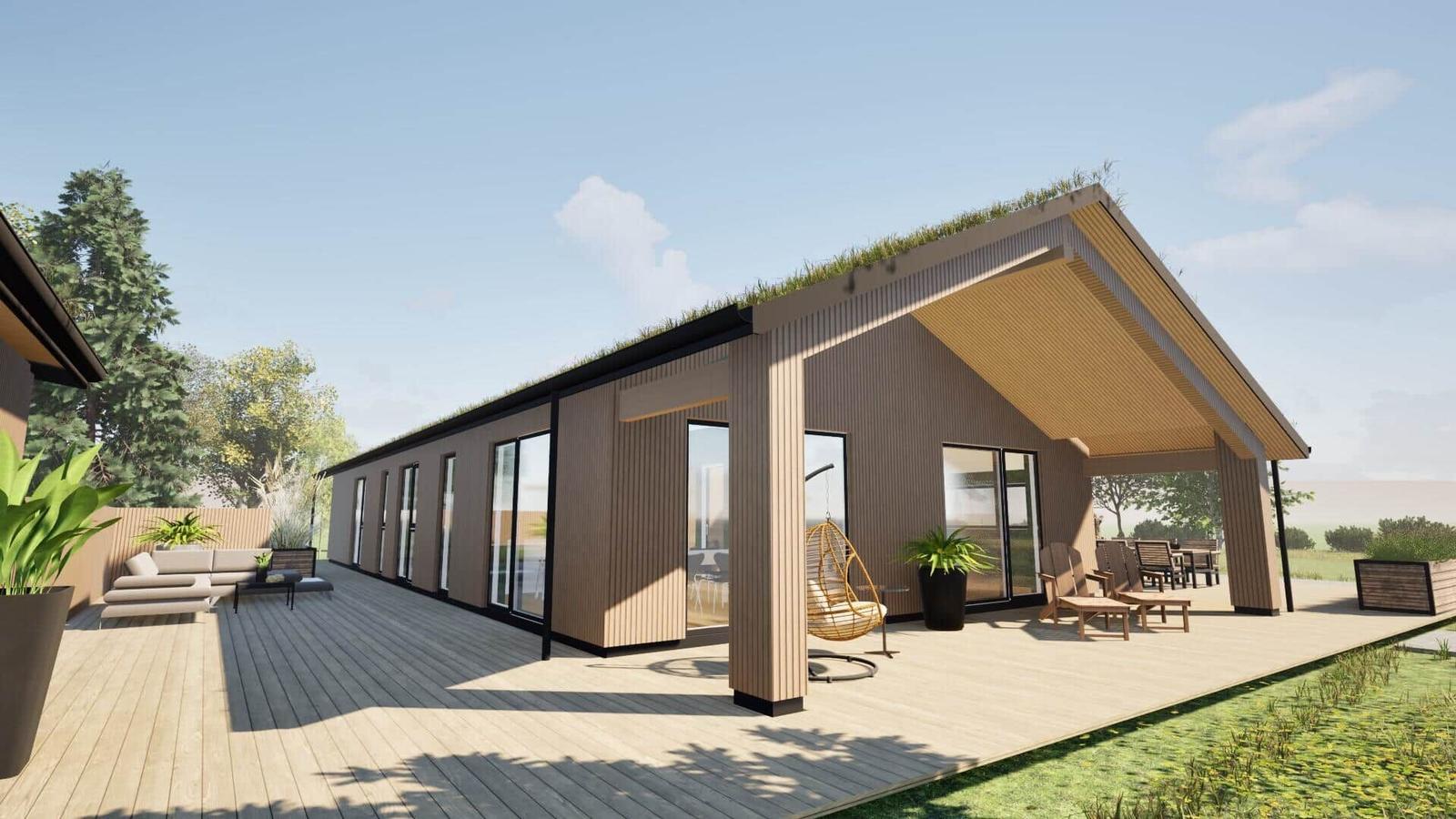 Modern villa with wooden cladding and grass roof. Deck with seating and plants.