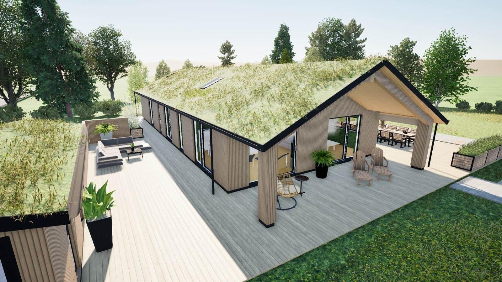 Modern villa with green roof, large wooden deck, and garden furniture.