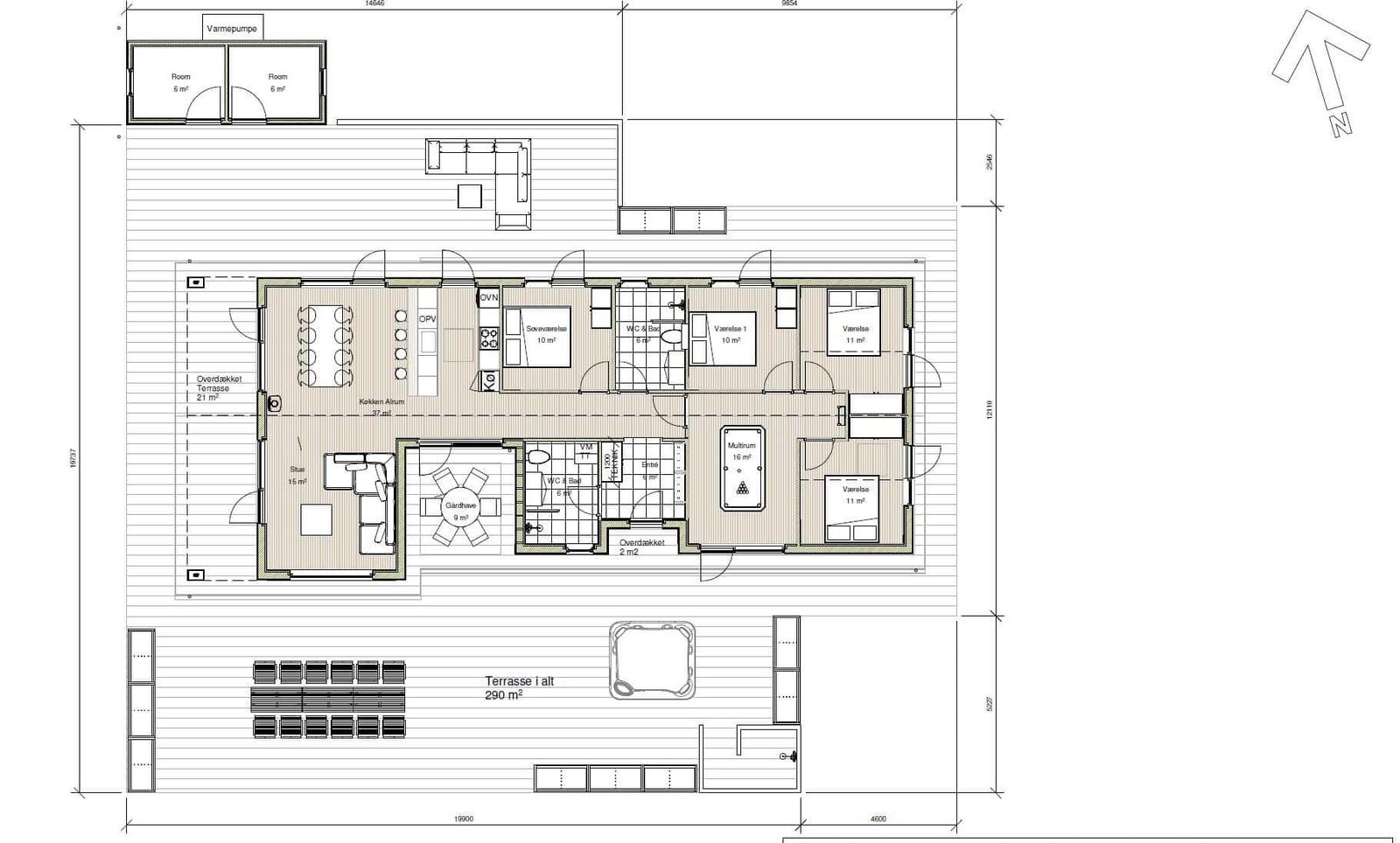 This house has a large terrace and several bedrooms with bathroom and kitchen.