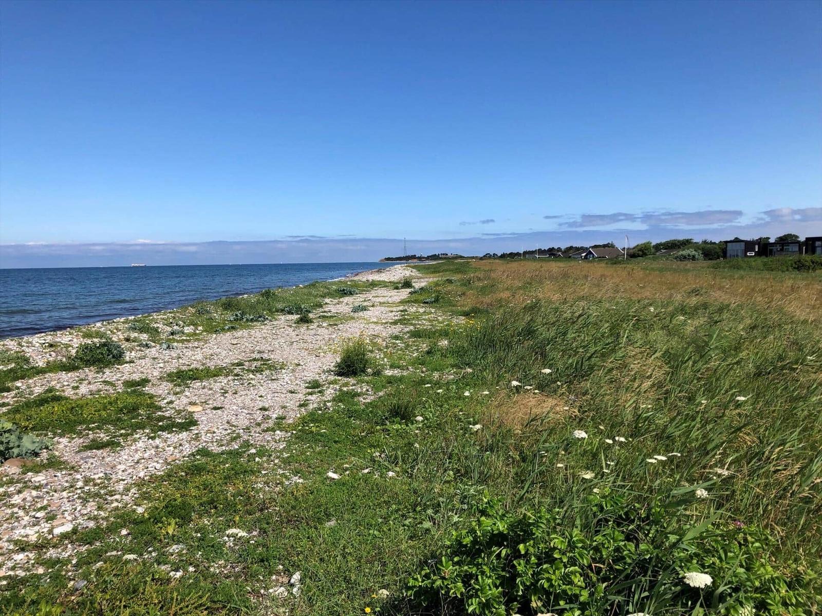 Strand mit Steinen und Gras, Blick auf das Meer und Ferienhäuser im Hintergrund.