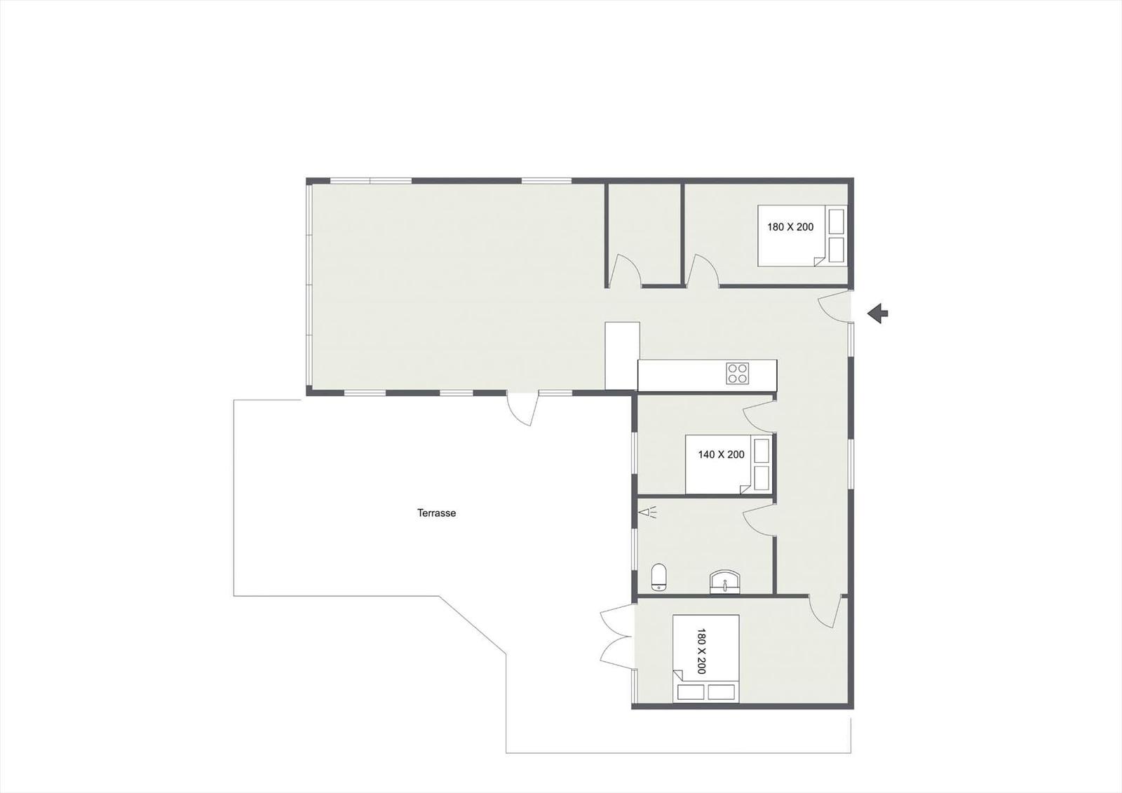 Wohnung mit Terrasse, Küche und drei Schlafzimmern mit Maßen.