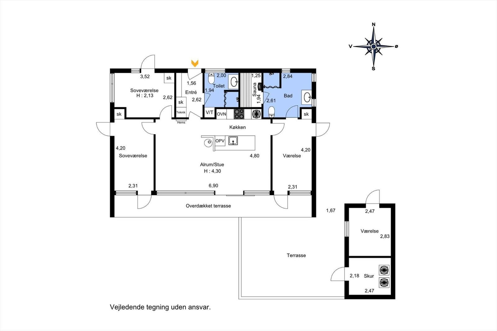Functional floor plan with kitchen, bedrooms, bathroom, and sauna. Covered terrace included.