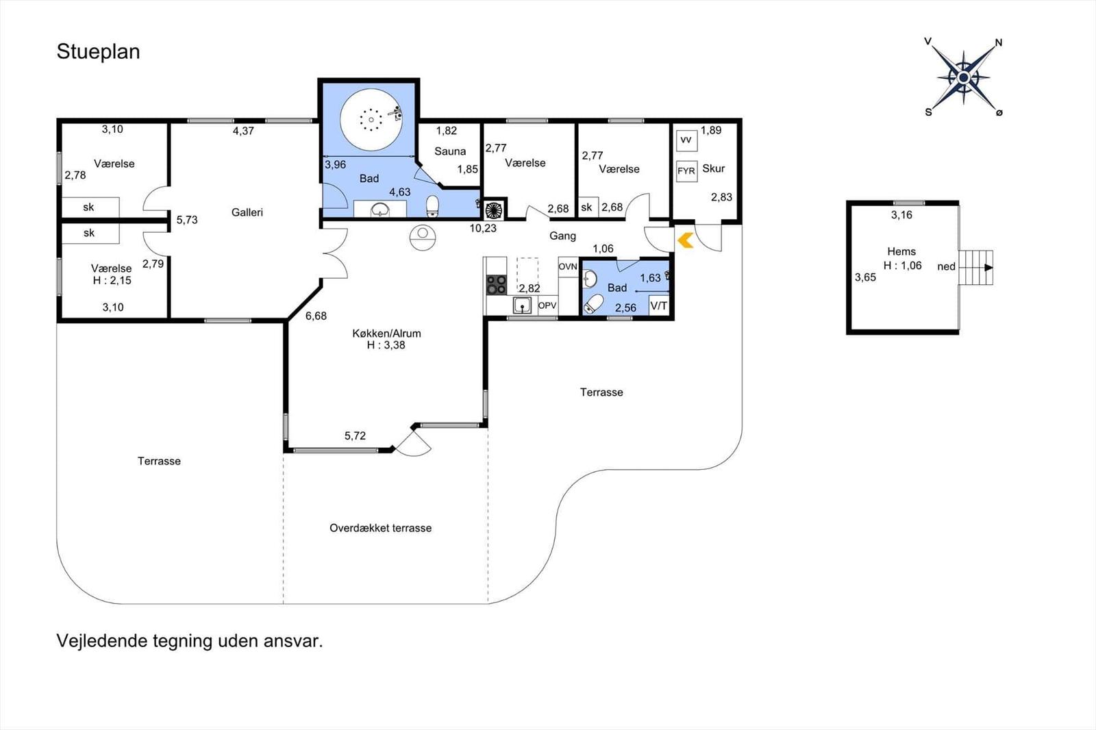 Functional floor plan with sauna, kitchen, and multiple bedrooms.