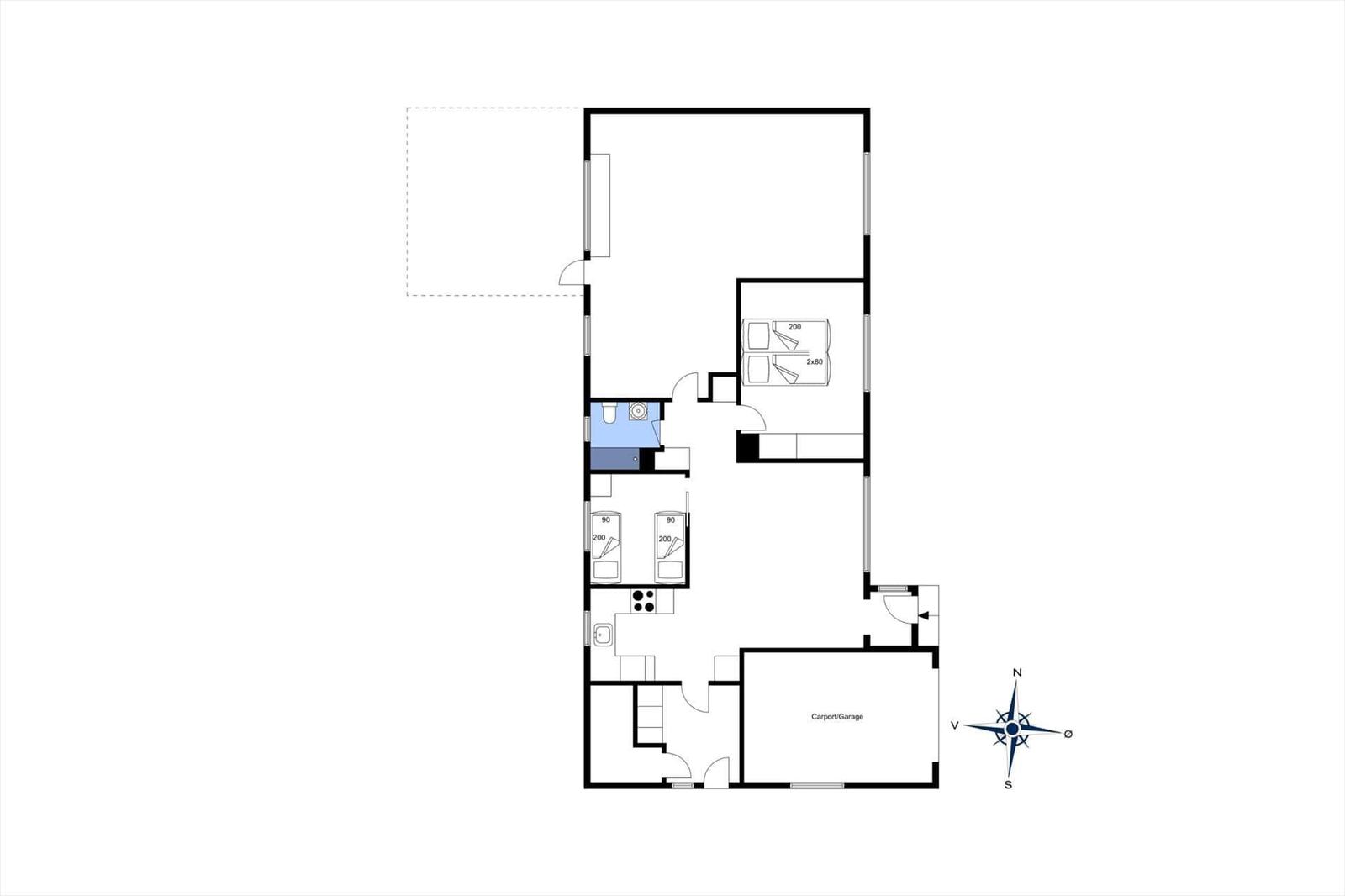 Wohnung mit drei Schlafzimmern, Küche, Bad und Carport.