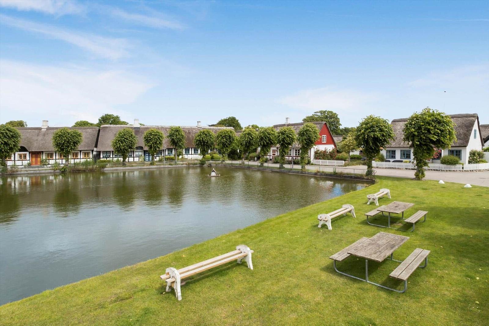 Grüner Rasen mit Picknicktischen und Bänken am See. Dahinter liegen Häuser mit Strohdächern.