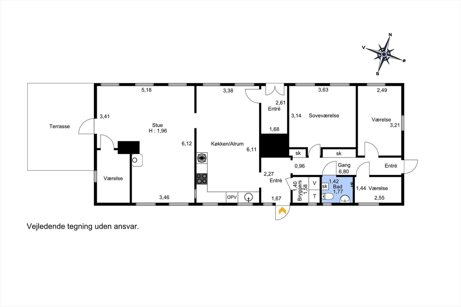 Dieses Grundriss zeigt eine Wohnung mit Küche, Schlafzimmer, Bad und Terrasse.