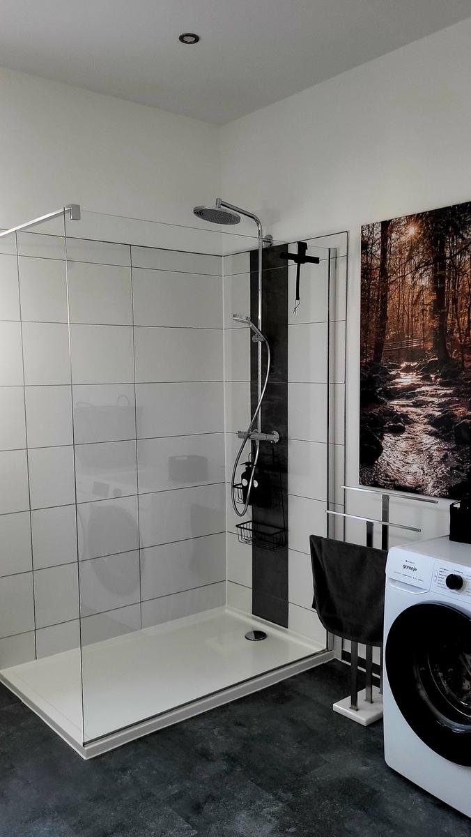 Dusche mit Glaswand, Waschmaschine und Wandbild.
