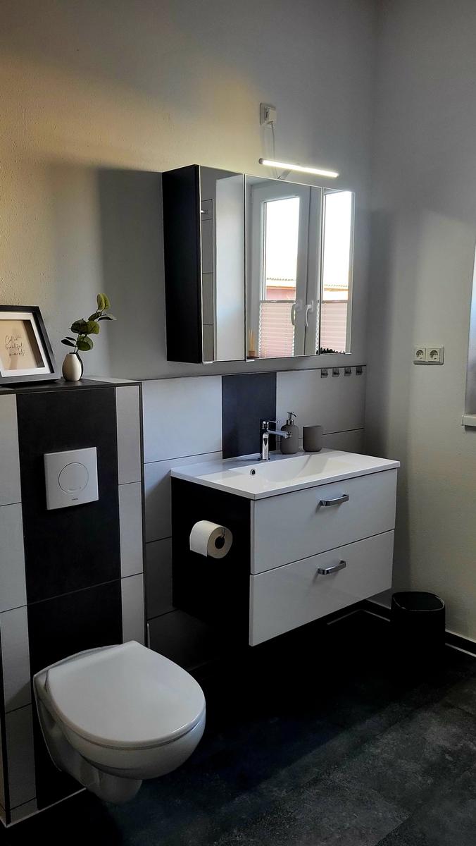 Badezimmer mit Waschbecken, Spiegelschrank und WC.