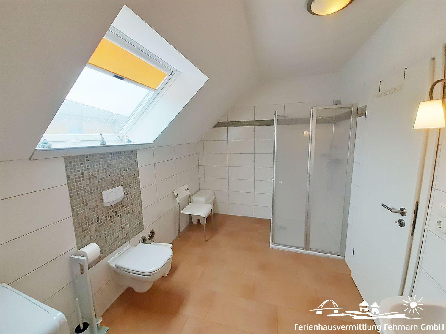 Bathroom with shower, toilet, and skylight. Tiled wall and wooden floor.