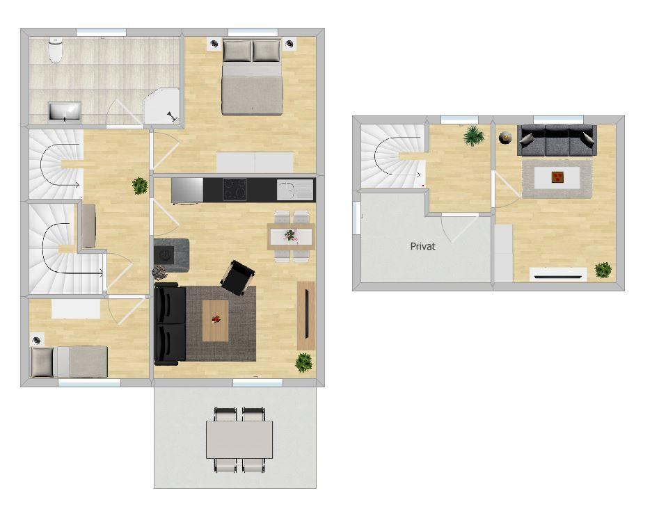 Two levels with bedrooms, kitchen, and living area. Private area on the upper level.