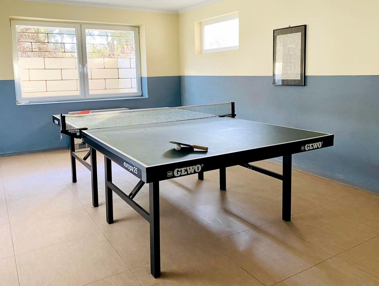 Tischtennis-Tisch mit Netz und Schläger in einem Raum mit Fenstern und Wandbild.