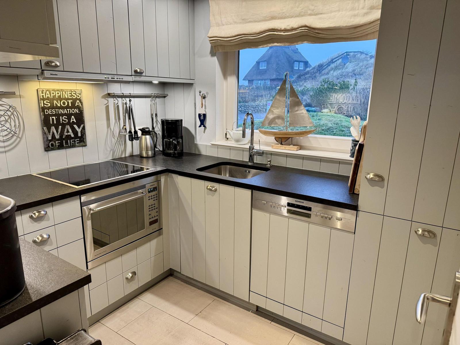 Küche mit Dunstabzug, Spüle und Fensterblick auf Dachhäuser.