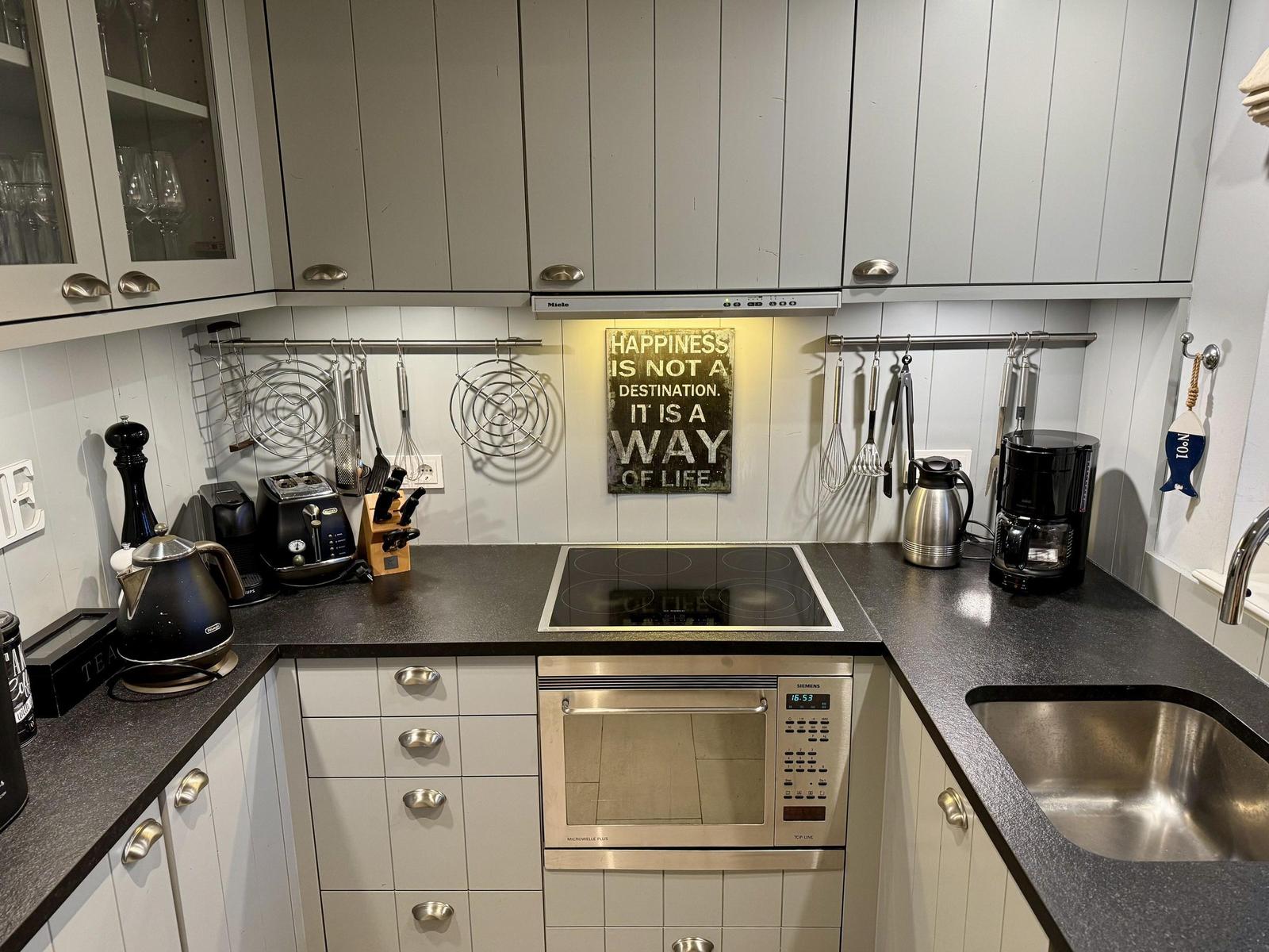 Küche mit Induktionsherd, Spüle und Küchengeräten.