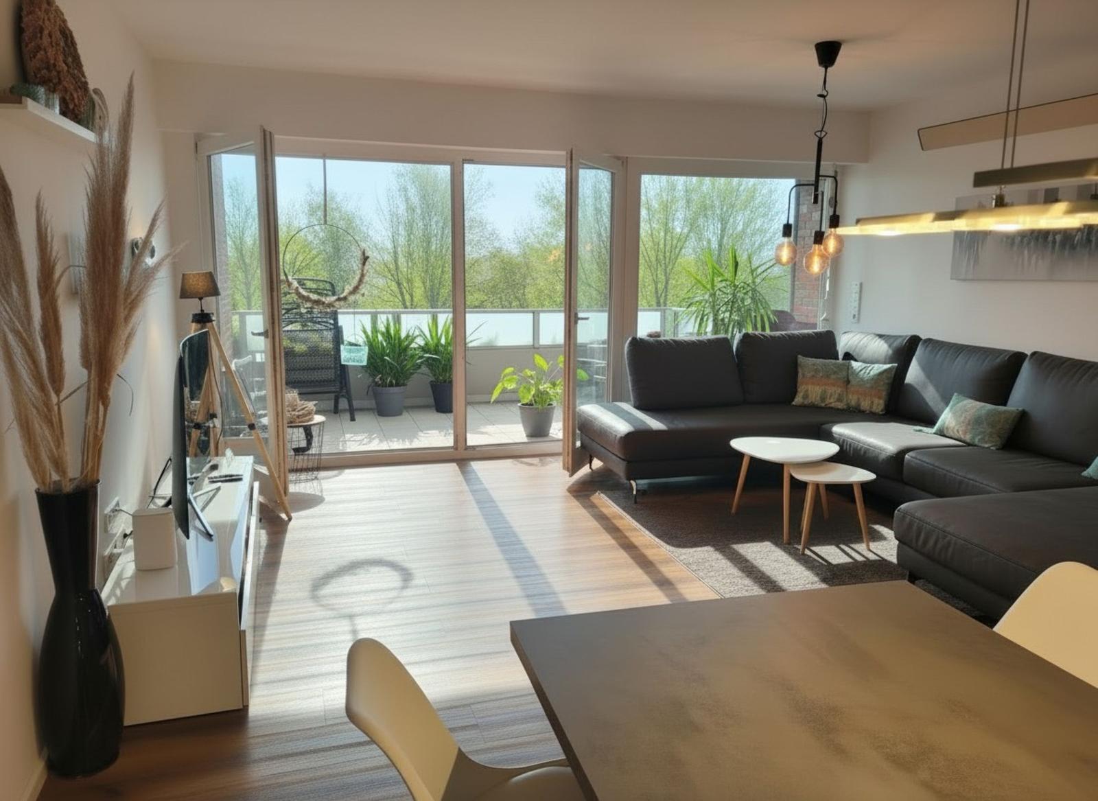 Wohnbereich mit Sofa, Tisch und Balkon mit Pflanzen.