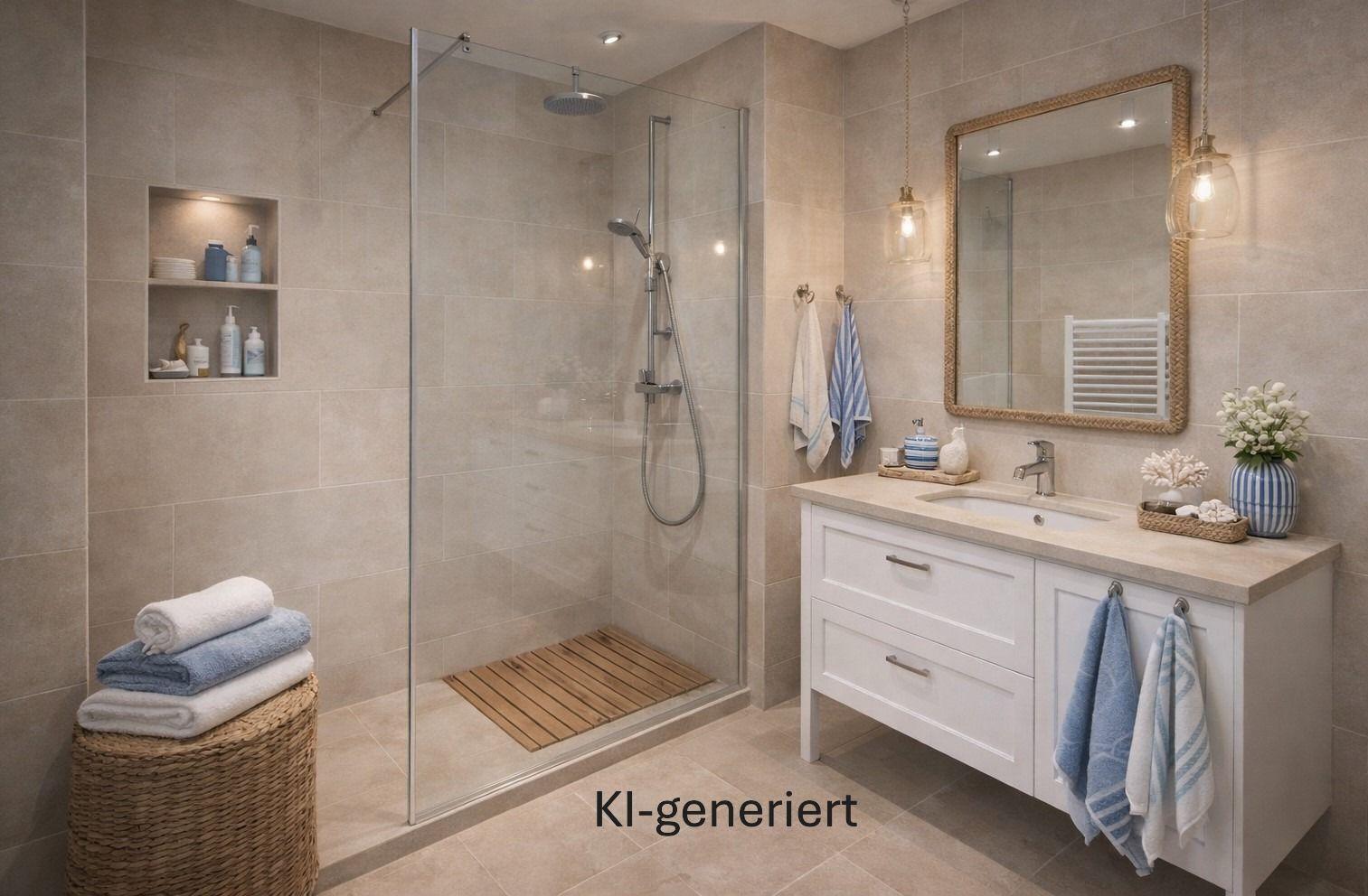 Badezimmer mit Dusche, Waschbecken und Spiegel. Holzmatte und Handtücher.