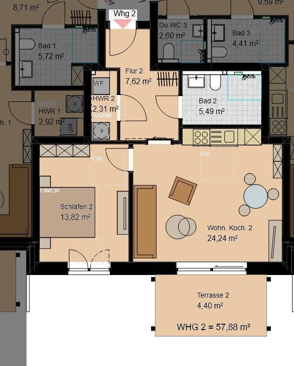 Wohnung mit zwei Schlafzimmern, Küche, Bad und Terrasse. Flur und weitere Räume.