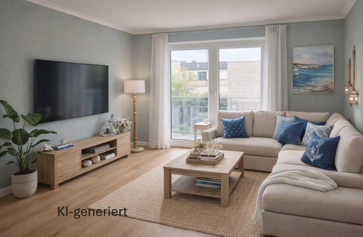 Wohnzimmer mit Sofa, Couchtisch und Fernseher. Fenster mit Blick auf Balkon.