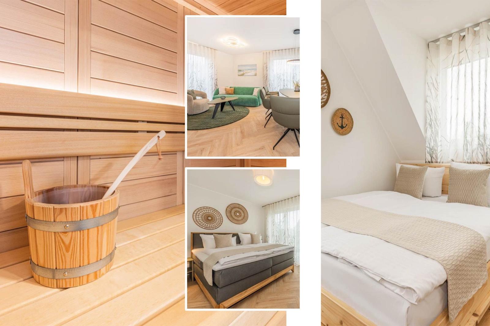 Sauna mit Eimer, Wohnbereich mit Sofa, Schlafzimmer mit Bett und Dachschräge.