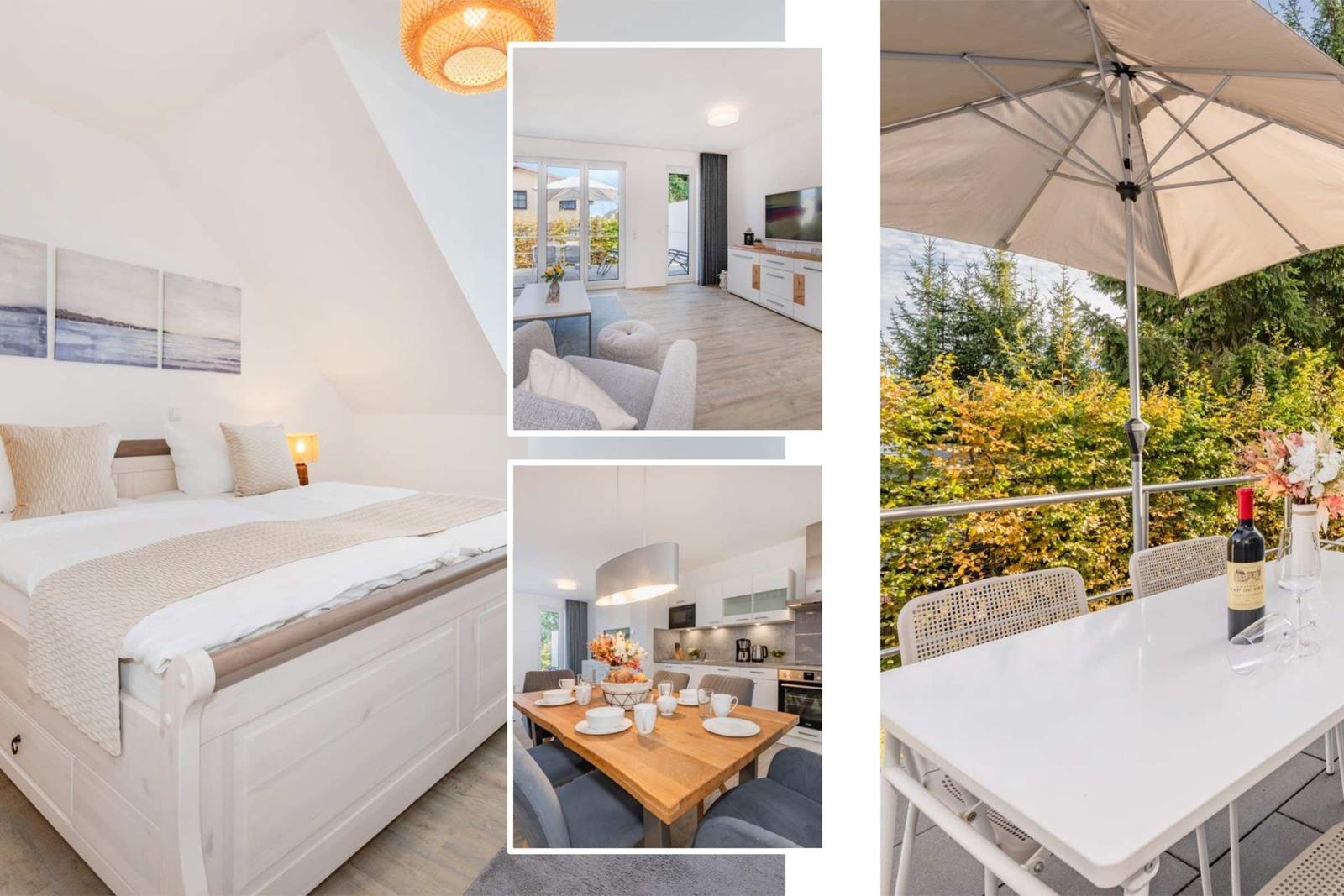 Schlafzimmer, Wohn- und Essbereich, Küche und Terrasse mit Tisch, Stühlen und Sonnenschirm.