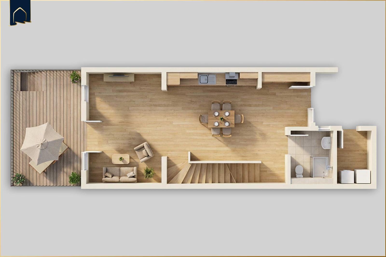 Das Haus hat eine Küche, Essbereich, Wohnzimmer, Bad und eine Terrasse mit Sonnenschirm.