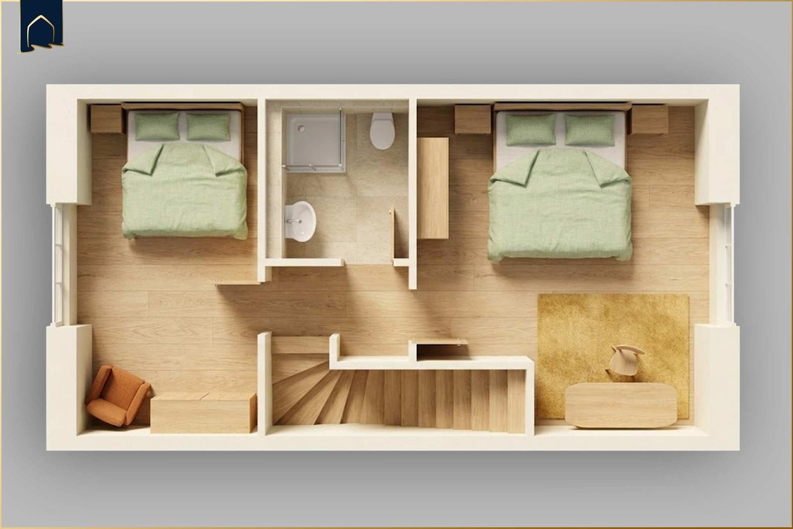 Zwei Schlafzimmer mit grünen Bettwäschen, Badezimmer und Treppe zur Unterkunft.