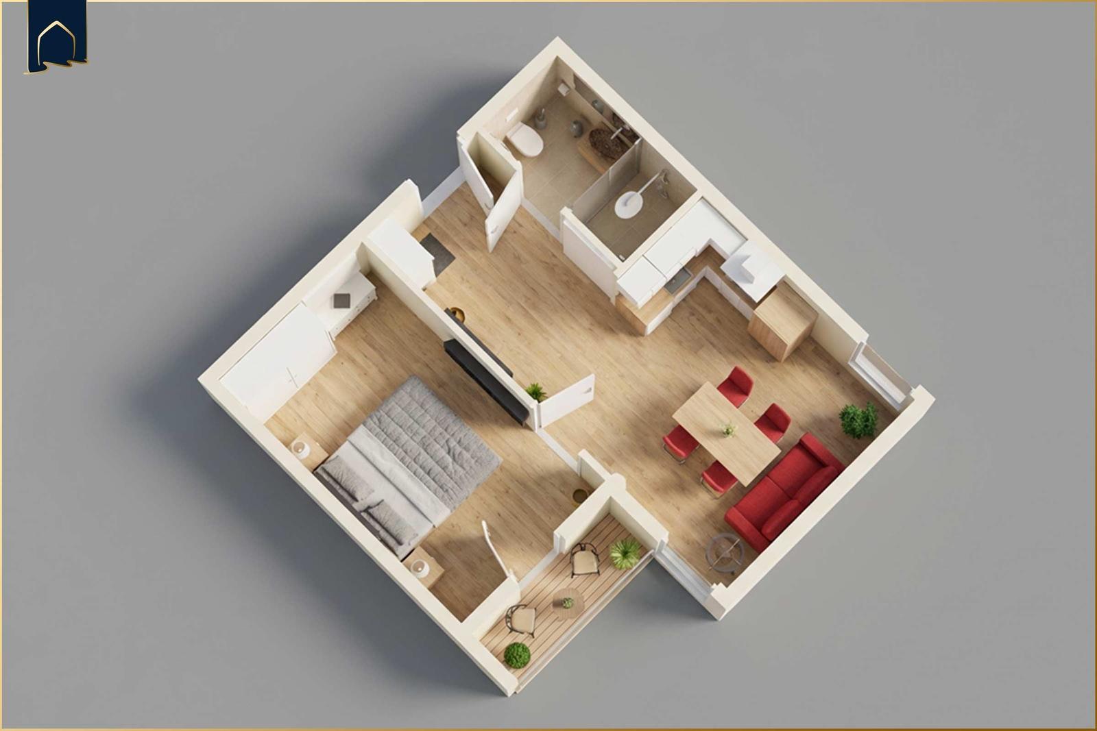 Ein Raum mit Schlafzimmer, Wohnbereich, Küche und Bad. Rote Sitzgelegenheiten und Holzboden.