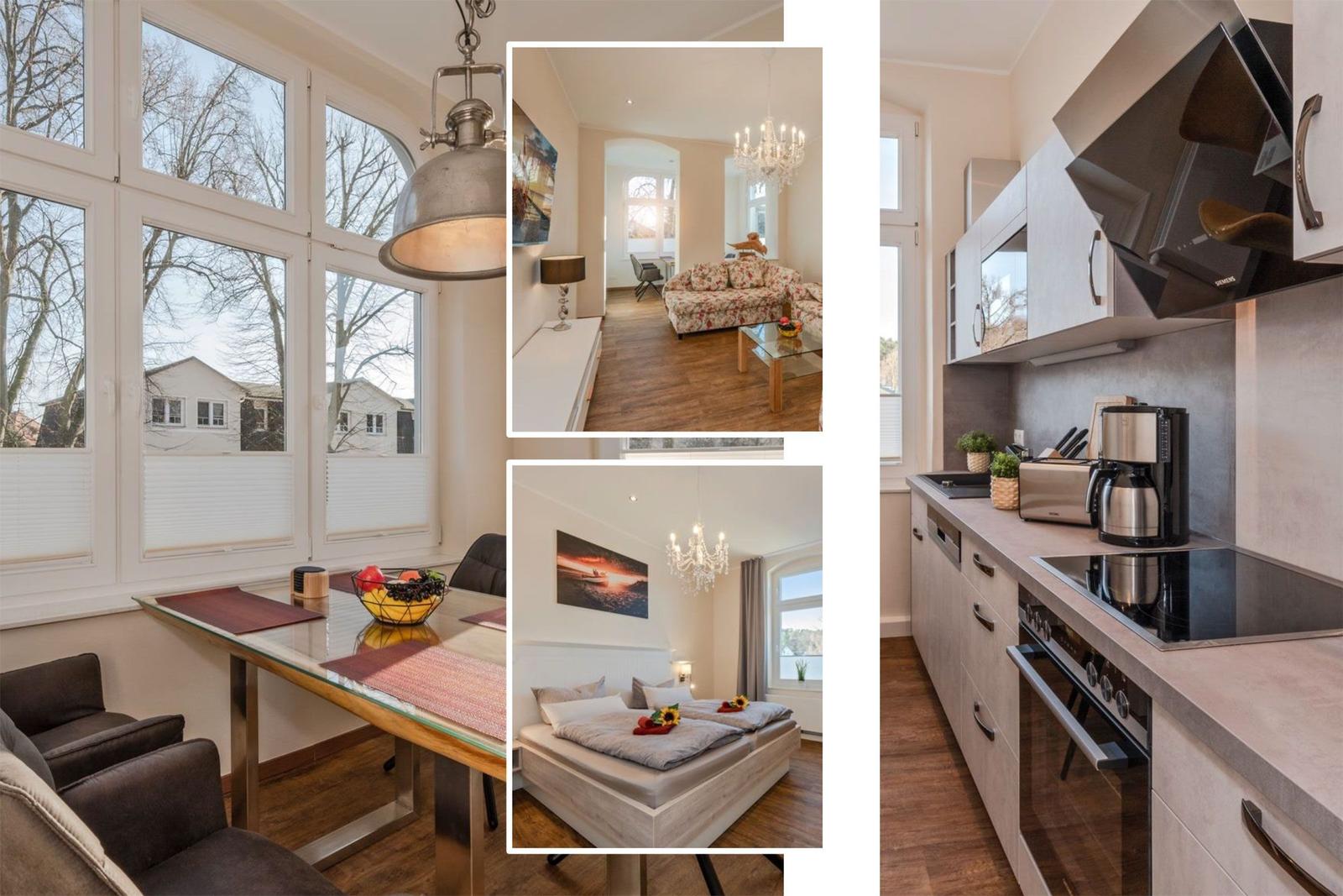 Essbereich mit großem Fenster, Wohnzimmer mit Sofa, Schlafzimmer mit Bett und Küche mit Arbeitsplatte.